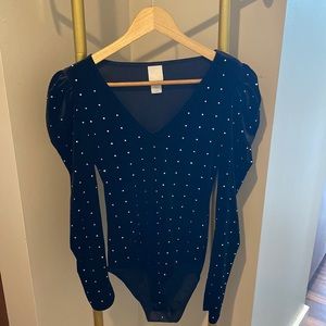 Black long sleeve velvet bodysuit, with silver gems